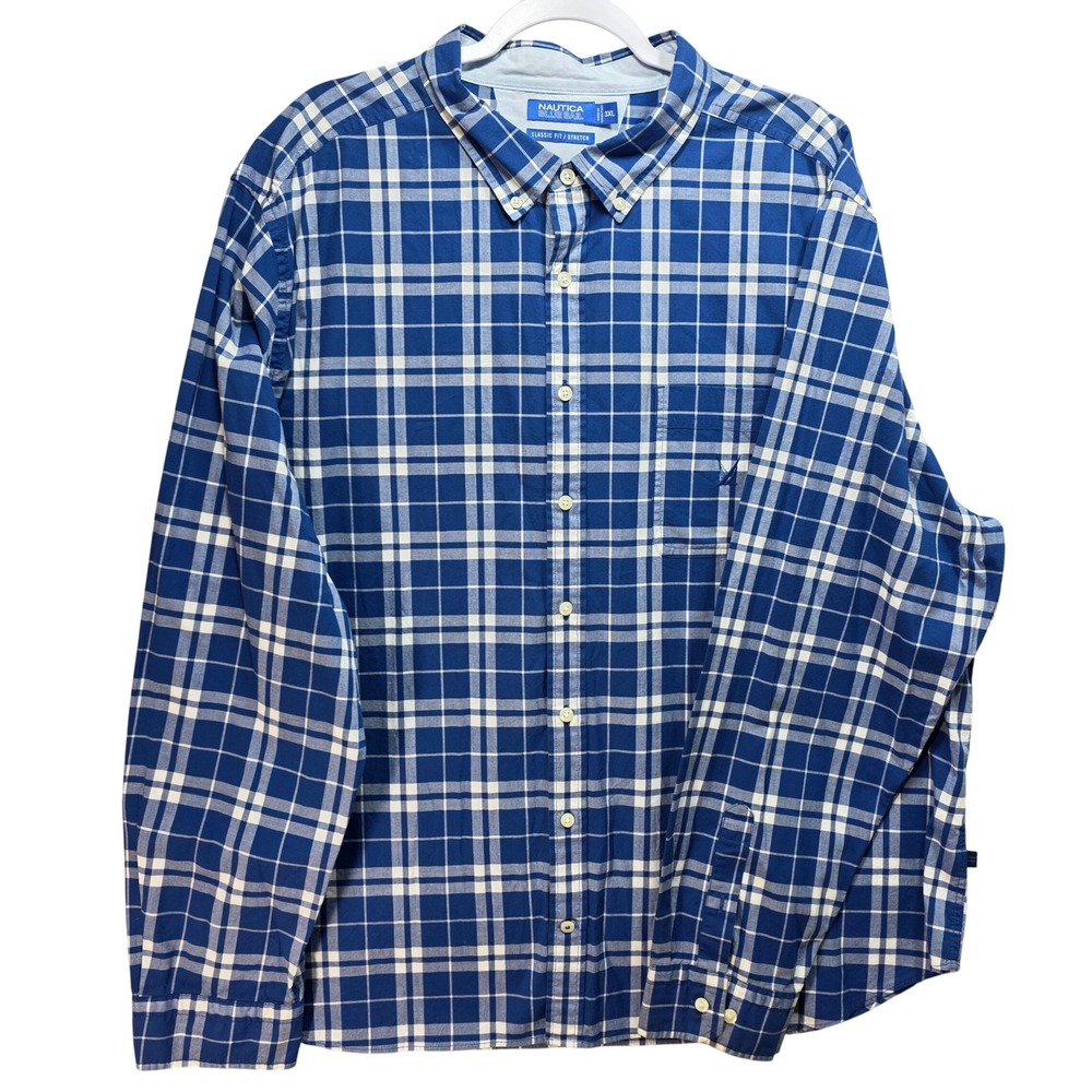Nautica Button Down Shirt Mens 3XL Blue White Plaid Stretch Coastal Oversized